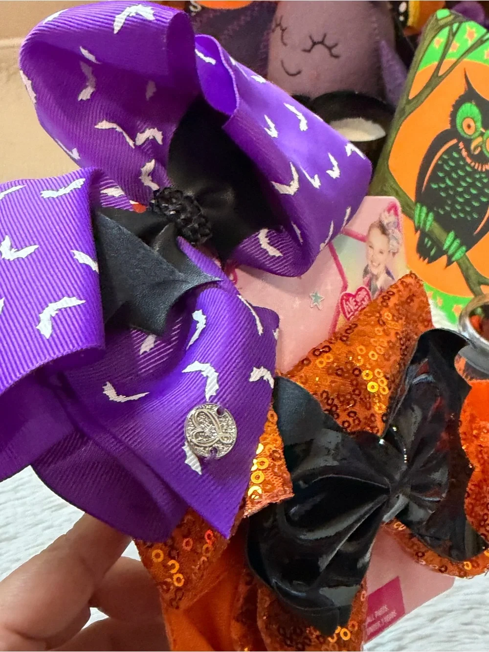 JoJo Siwa spooky Halloween style orange sequin & Purple Bat Hair Bows